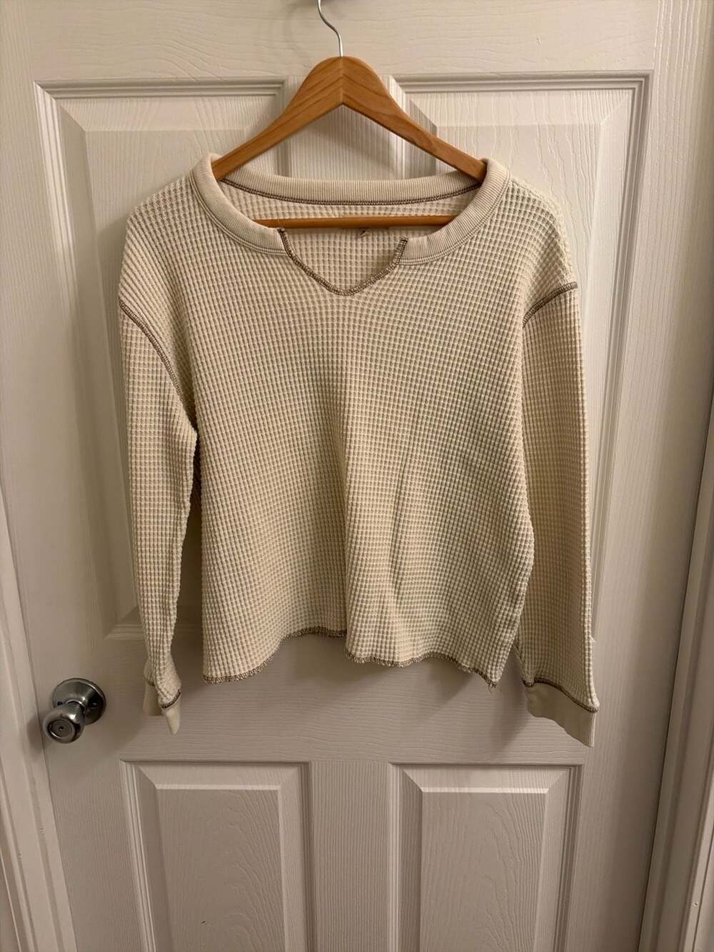 Madewell Waffle-Knit Split-Neck Top with Contrast Stitching, Size M